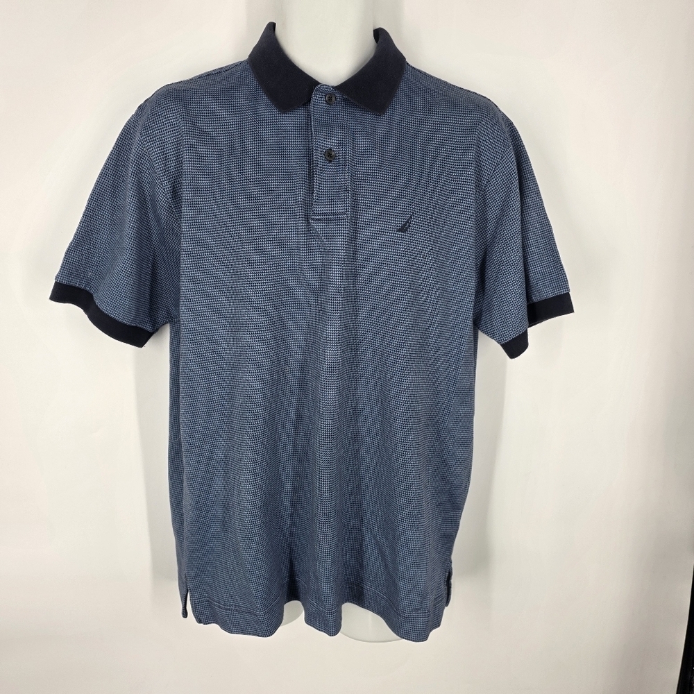 Nautica Men's Polo Shirt Medium M Blue Micro Pattern 100% Cotton Short Sleeve
